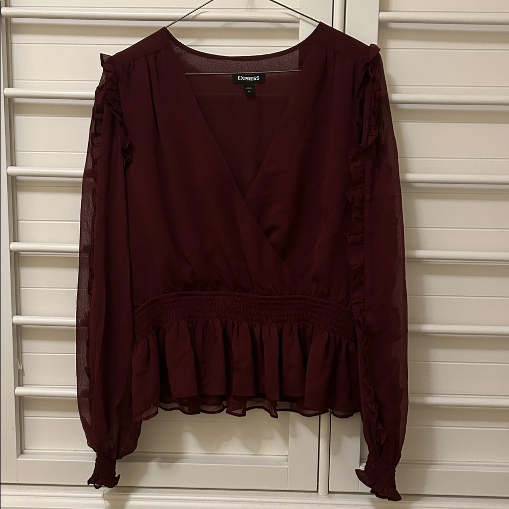 Express wrap front long sleeve ruffle blouse